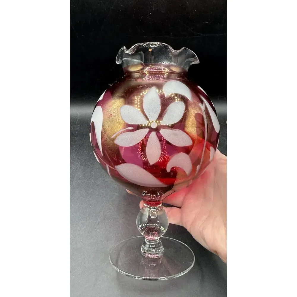 Cranberry Flower Rose Bowl Vase Glass Etched Pedestal Ruffled Rim Vintage